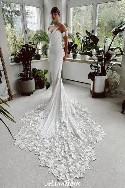 Eleagnt Long White Mermaid Off-the-shoulder Lace Wedding Dress with Train by misshow.com