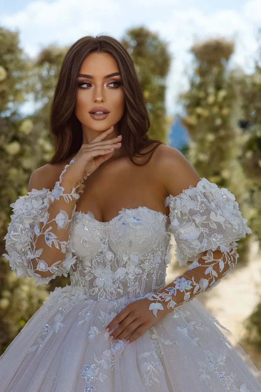 Elegant A-line Appliques Lace Sweetheart Tulle Wedding Dress With Long Sleeves by misshow.com