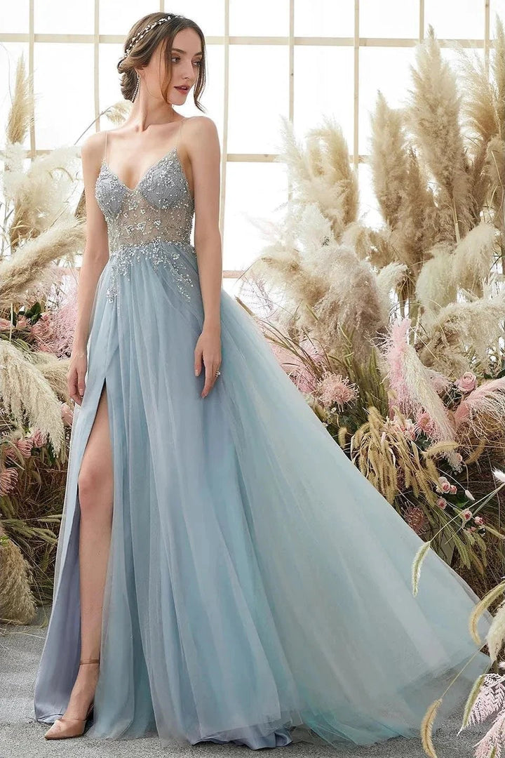 Elegant A-line Blue V-neck Spaghetti Straps Split Front Beading Prom Dress