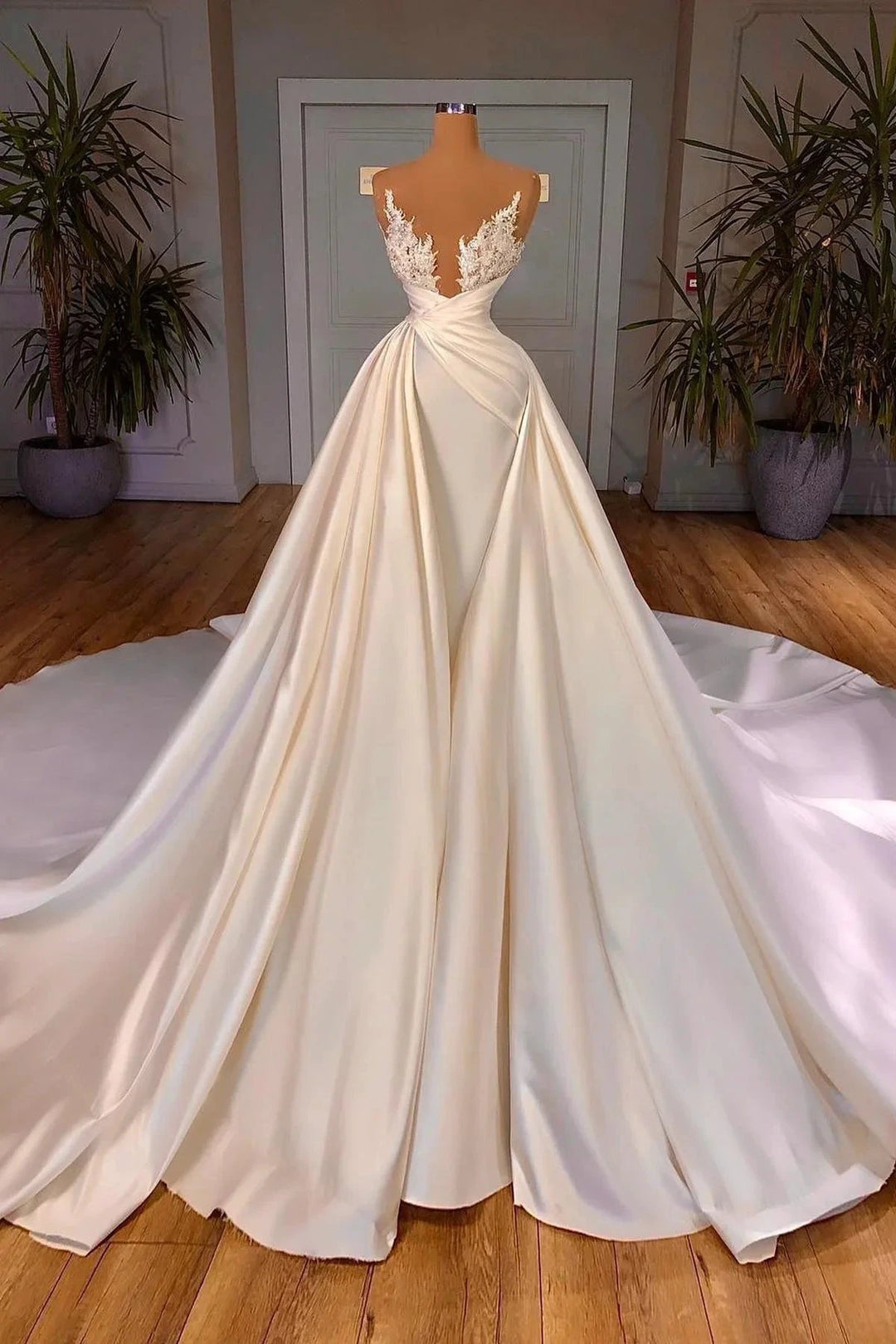 Elegant A-Line Cathedral Sleeveless V-neck Long Wedding Dress by misshow.com