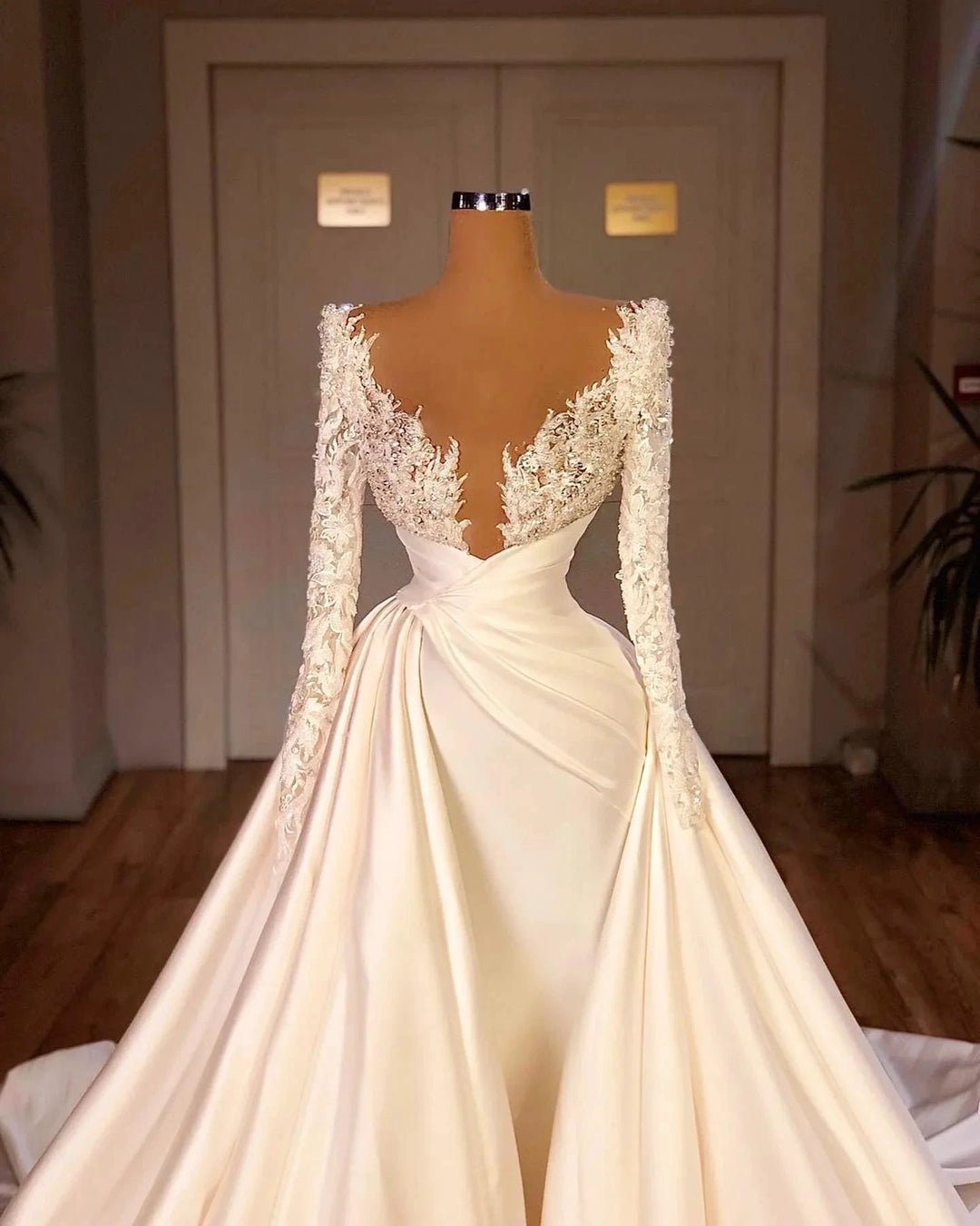 Elegant A-Line Cathedral V-neck Long Wedding Dress With Long Sleeves by misshow.com