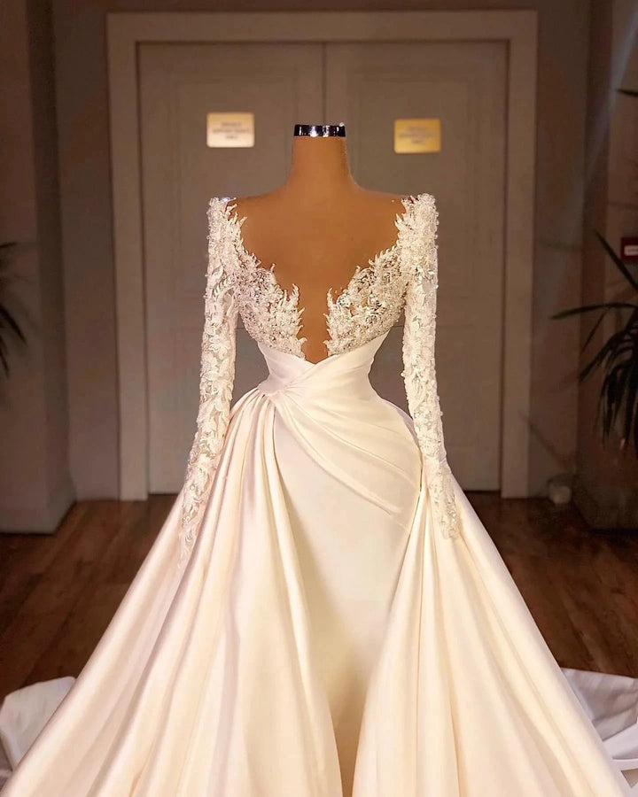 Elegant A-Line Cathedral V-neck Long Wedding Dress With Long Sleeves by misshow.com