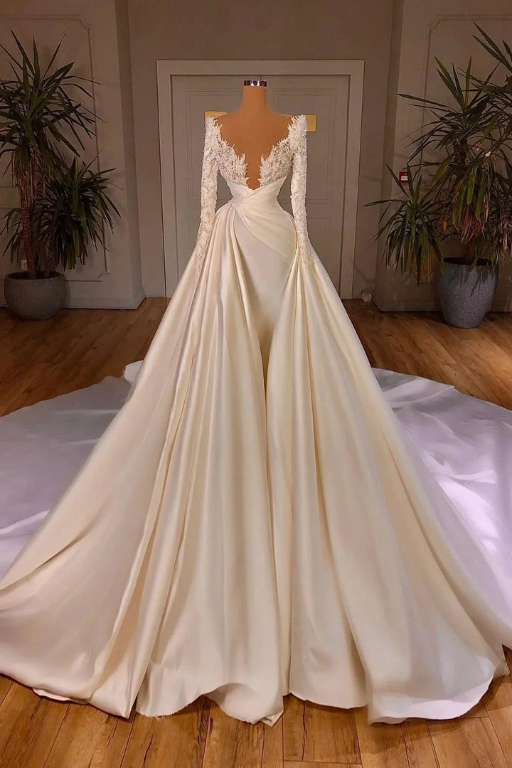 Elegant A-Line Cathedral V-neck Long Wedding Dress With Long Sleeves by misshow.com