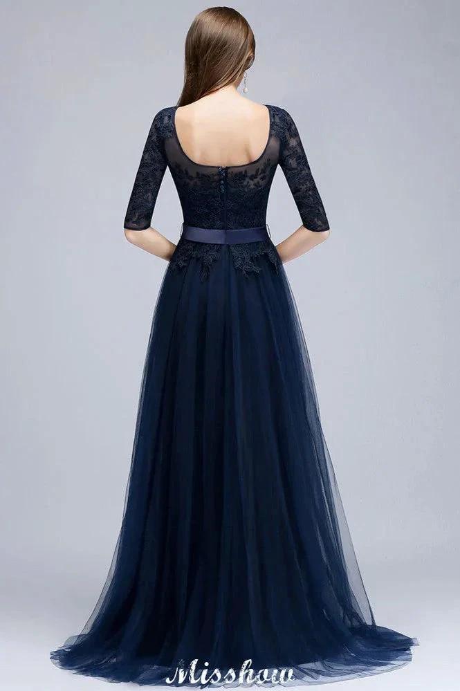 Elegant A-Line Half-Sleeves Lace Appliques Dark Navy Bridesmaid Dresses by misshow.com