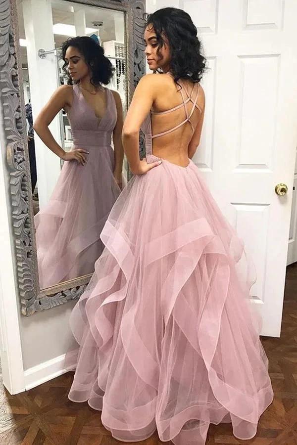 Elegant A-line Halter Cascading Ruffle Open Back Long Prom Dress by BIZTUNNEL