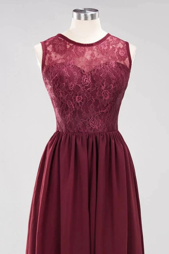 Elegant A-line Lace Sleeveless Bridesmaid Dresses Chiffon Jewel Ruffles Floor-Length Evening Dress with Appliques by misshow.com