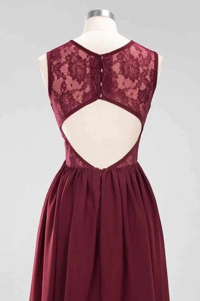 Elegant A-line Lace Sleeveless Bridesmaid Dresses Chiffon Jewel Ruffles Floor-Length Evening Dress with Appliques by misshow.com