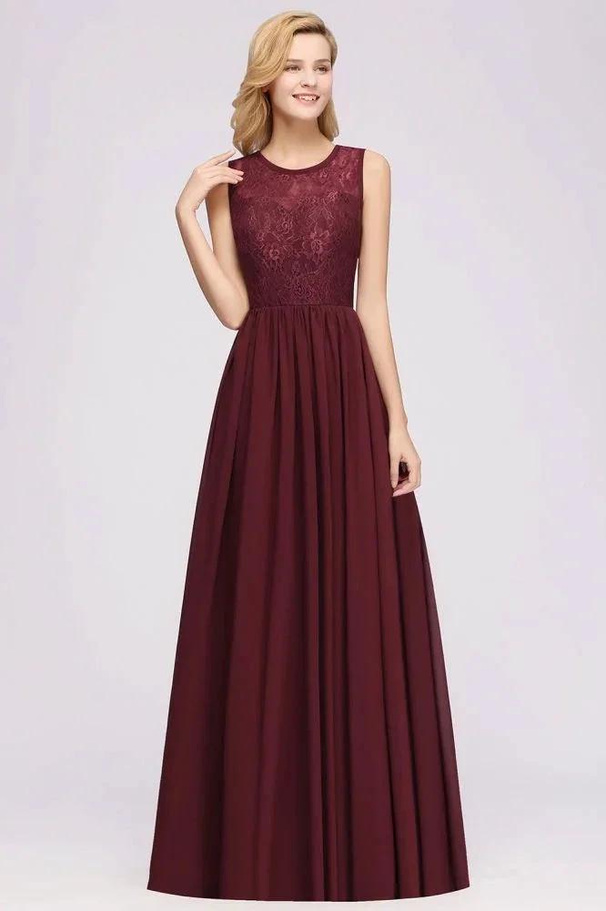 Elegant A-line Lace Sleeveless Bridesmaid Dresses Chiffon Jewel Ruffles Floor-Length Evening Dress with Appliques by misshow.com
