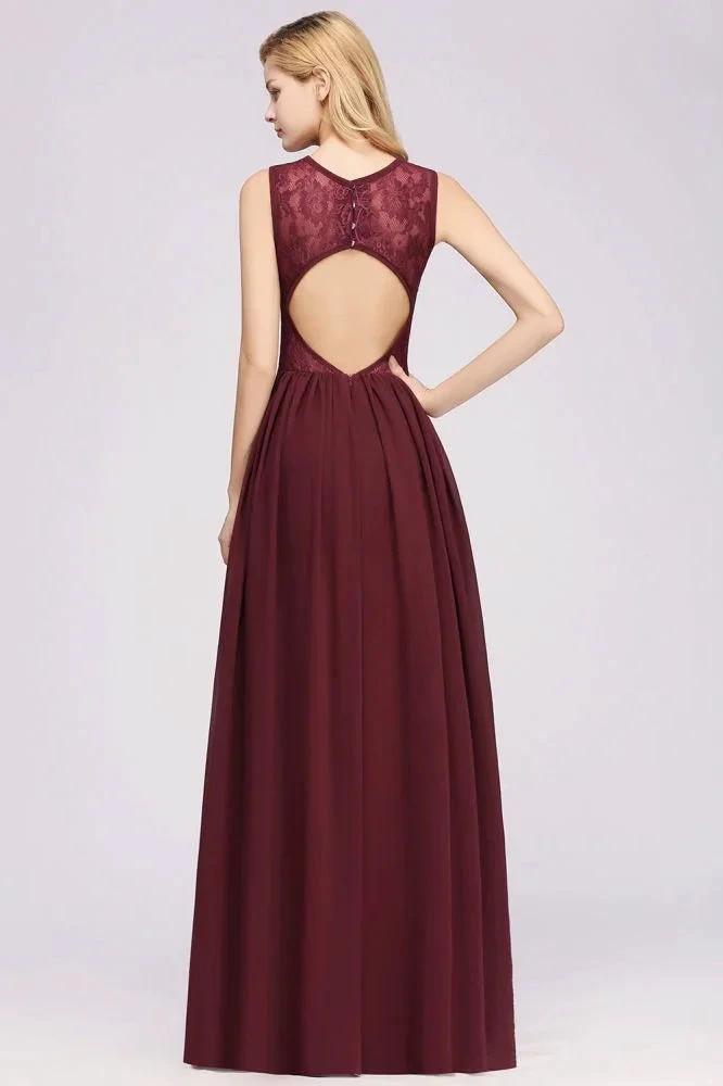 Elegant A-line Lace Sleeveless Bridesmaid Dresses Chiffon Jewel Ruffles Floor-Length Evening Dress with Appliques by misshow.com