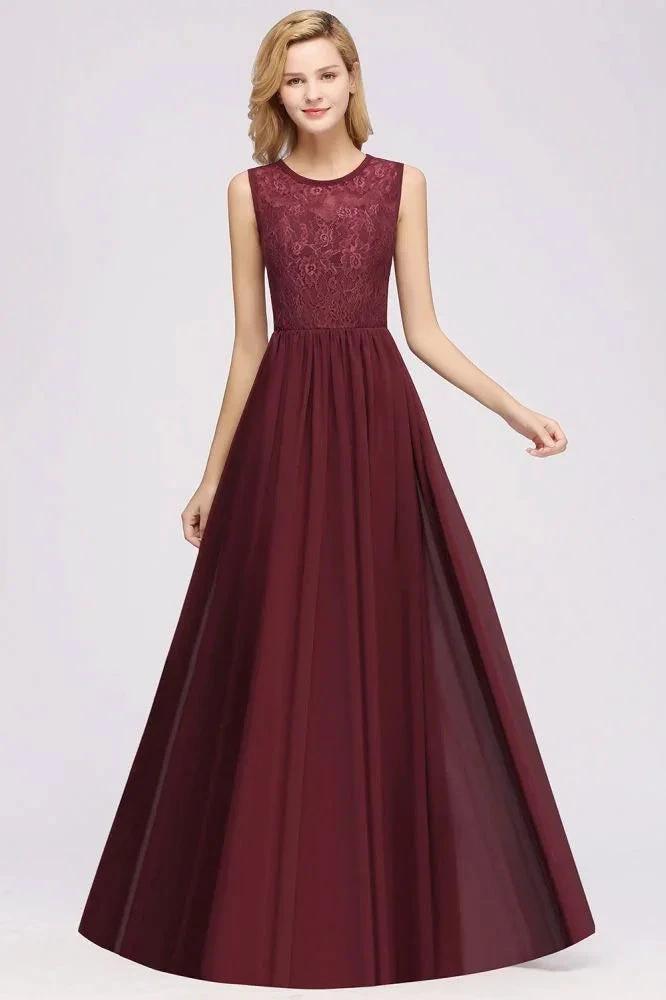 Elegant A-line Lace Sleeveless Bridesmaid Dresses Chiffon Jewel Ruffles Floor-Length Evening Dress with Appliques by misshow.com
