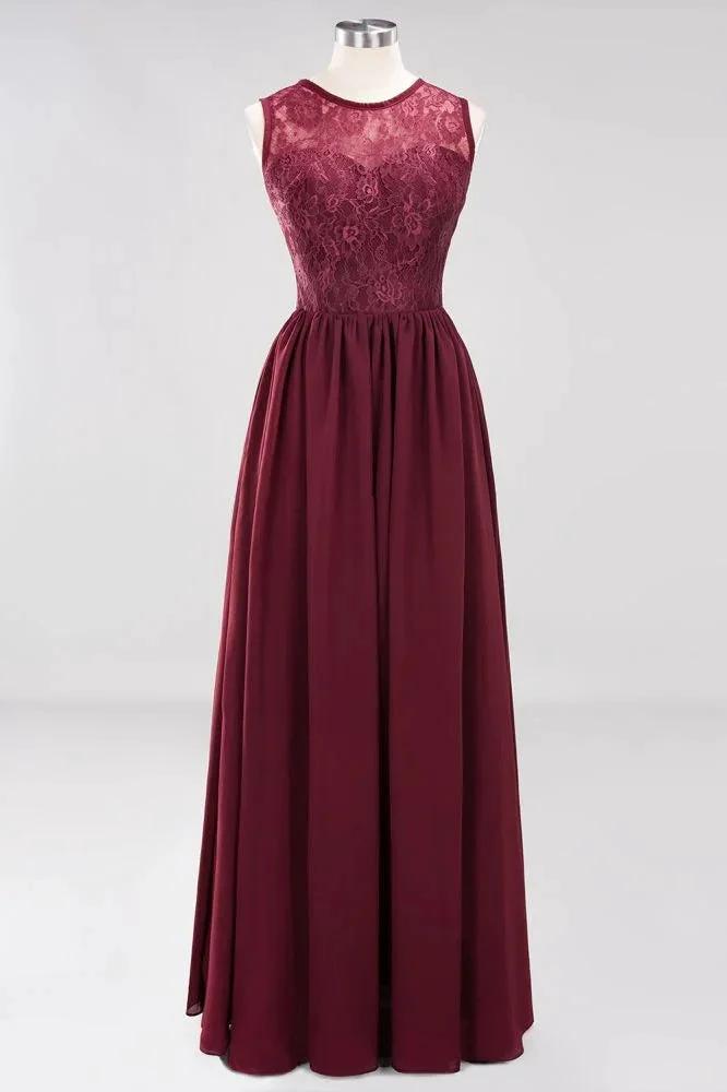 Elegant A-line Lace Sleeveless Bridesmaid Dresses Chiffon Jewel Ruffles Floor-Length Evening Dress with Appliques by misshow.com