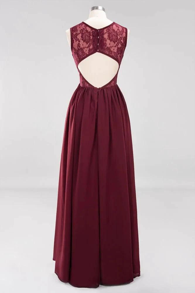 Elegant A-line Lace Sleeveless Bridesmaid Dresses Chiffon Jewel Ruffles Floor-Length Evening Dress with Appliques by misshow.com
