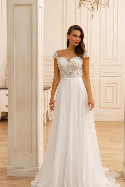 Elegant A-Line Lace Sweetheart Sleeveless White Wedding Dresses With Appliques Ruffles by misshow.com