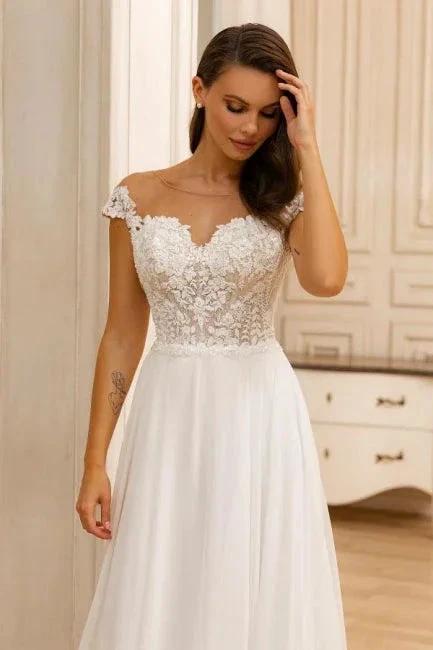 Elegant A-Line Lace Sweetheart Sleeveless White Wedding Dresses With Appliques Ruffles by misshow.com
