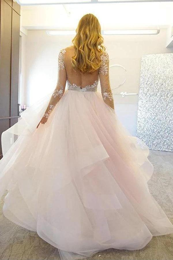 Elegant A-Line Long Sleeves Tulle Wedding Dresses With Appliques WD036 by pgmdress