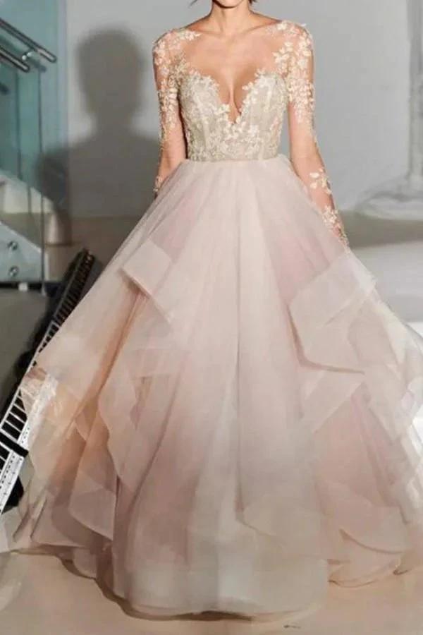 Elegant A-Line Long Sleeves Tulle Wedding Dresses With Appliques WD036 by pgmdress