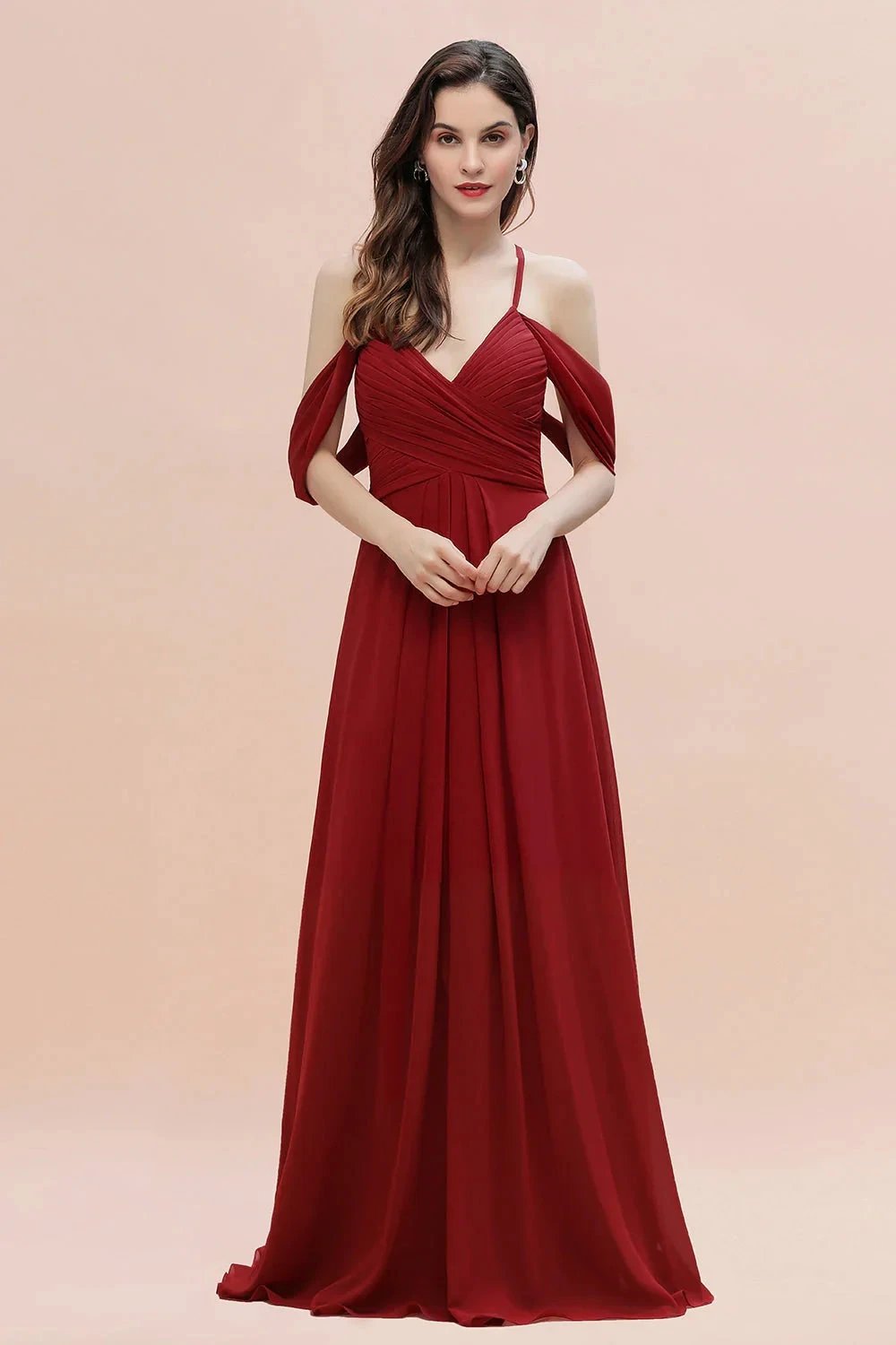 Elegant A-line Off-the-Shoulder V-neck Ruched Long Bridesmaid Dress by misshow.com