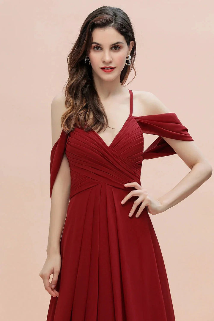 Elegant A-line Off-the-Shoulder V-neck Ruched Long Bridesmaid Dress by misshow.com