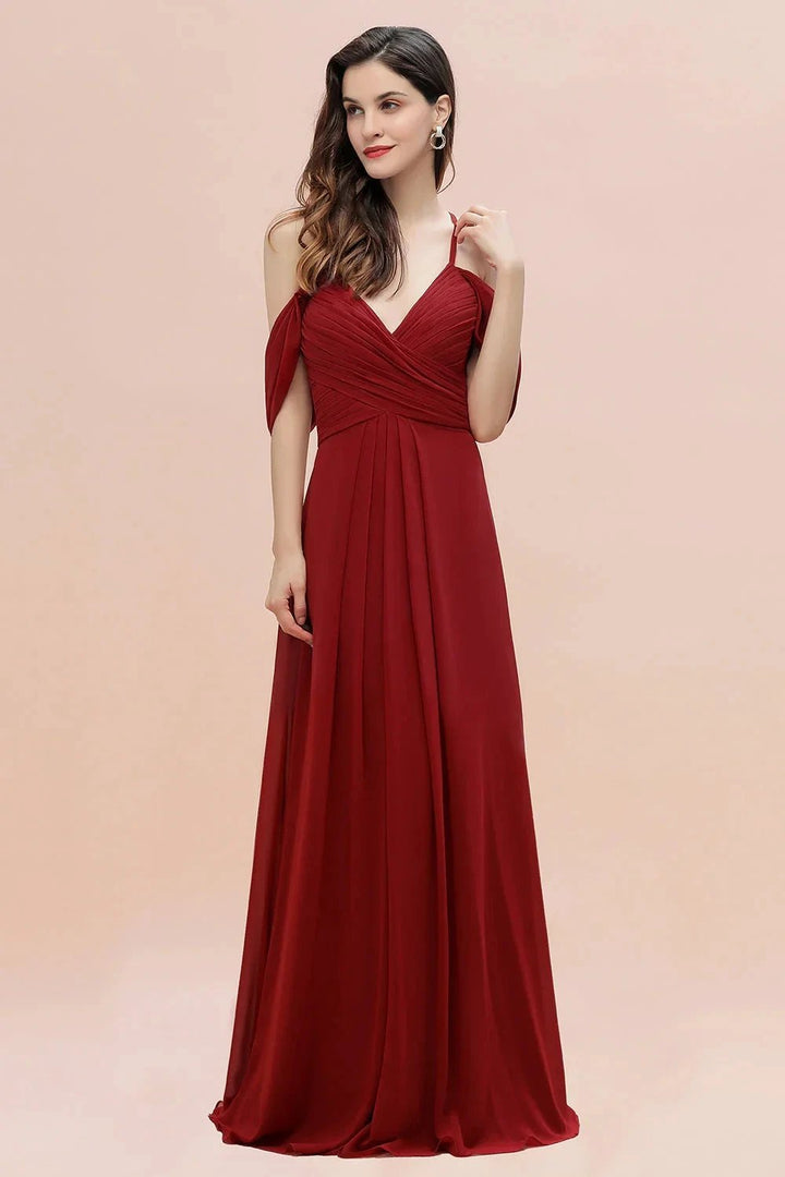 Elegant A-line Off-the-Shoulder V-neck Ruched Long Bridesmaid Dress by misshow.com