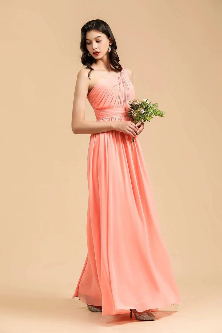 Elegant A-line One Shoulder Coral Chiffon Long Bridesmaid Dress by misshow.com