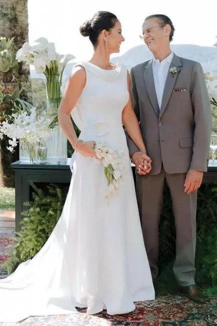 Elegant A-Line Satin Sleeveless White Wedding Dress With Train by misshow.com