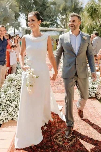 Elegant A-Line Satin Sleeveless White Wedding Dress With Train by misshow.com