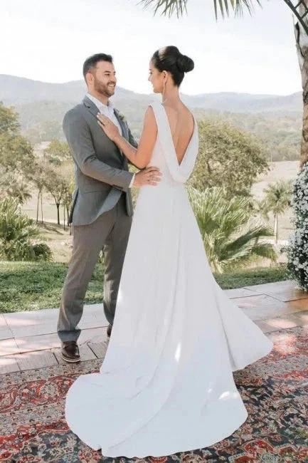 Elegant A-Line Satin Sleeveless White Wedding Dress With Train by misshow.com