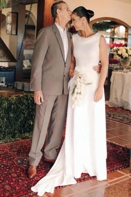 Elegant A-Line Satin Sleeveless White Wedding Dress With Train by misshow.com