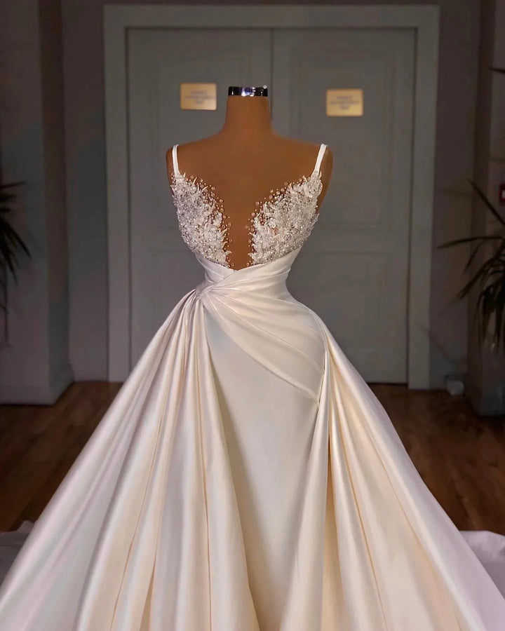 Elegant A-Line Sleeveless Spaghetti Strap Cathedral V-neck Long Wedding Dress by misshow.com
