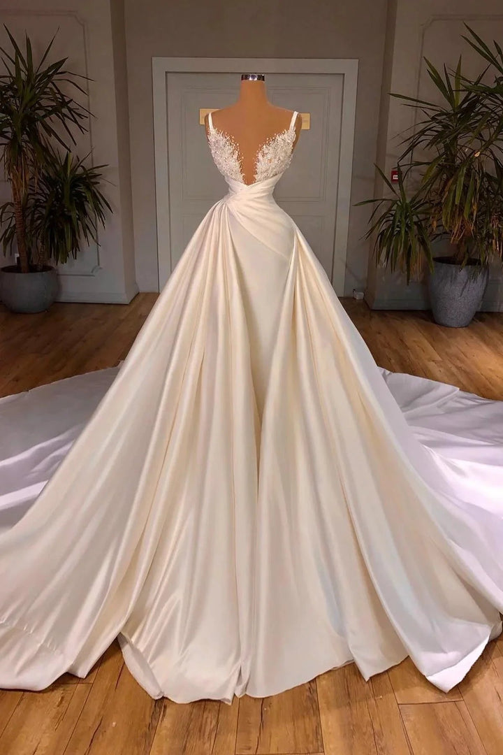Elegant A-Line Sleeveless Spaghetti Strap Cathedral V-neck Long Wedding Dress by misshow.com