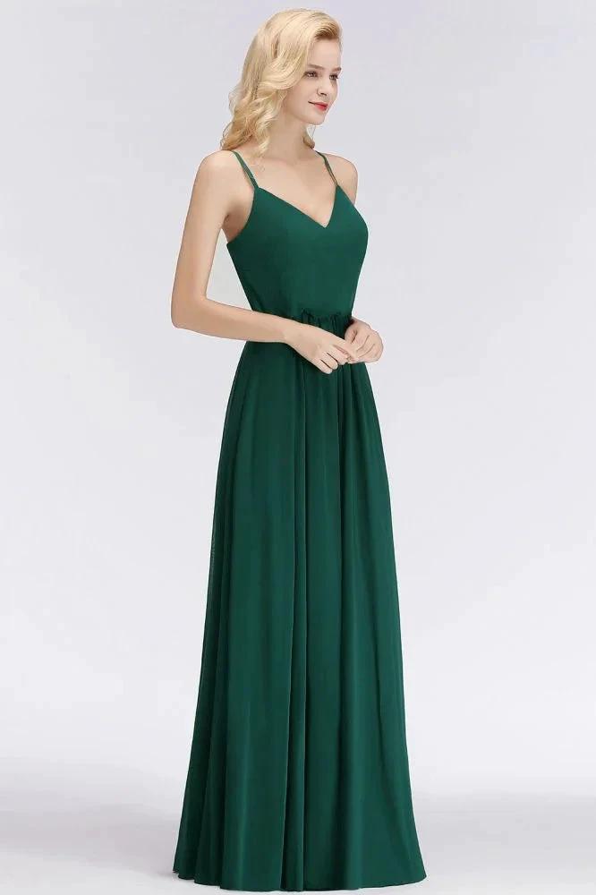 Elegant A-line Spaghetti Chiffon Bridesmaid Dresses V-neck Evening Maxi Gown by misshow.com