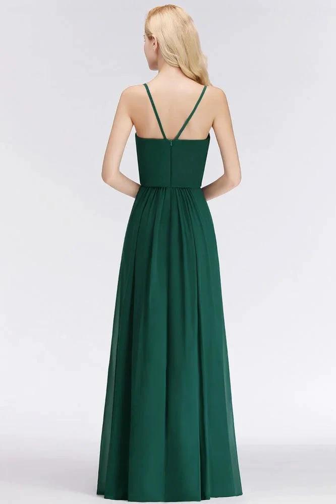 Elegant A-line Spaghetti Chiffon Bridesmaid Dresses V-neck Evening Maxi Gown by misshow.com