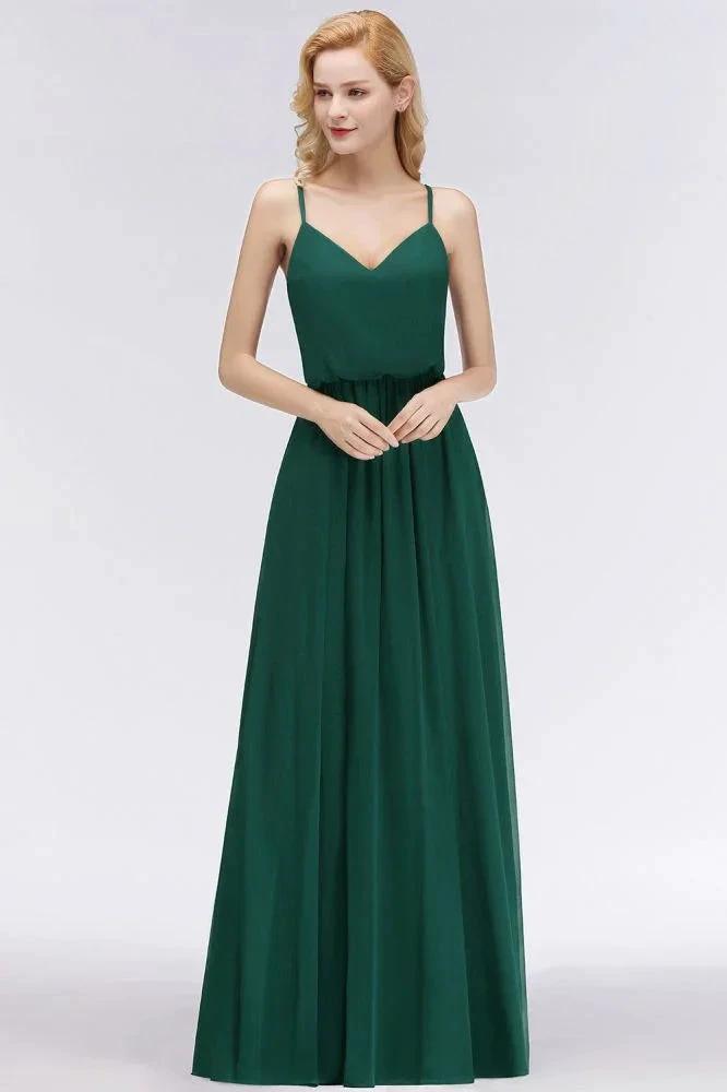 Elegant A-line Spaghetti Chiffon Bridesmaid Dresses V-neck Evening Maxi Gown by misshow.com