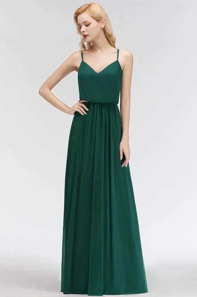 Elegant A-line Spaghetti Chiffon Bridesmaid Dresses V-neck Evening Maxi Gown by misshow.com