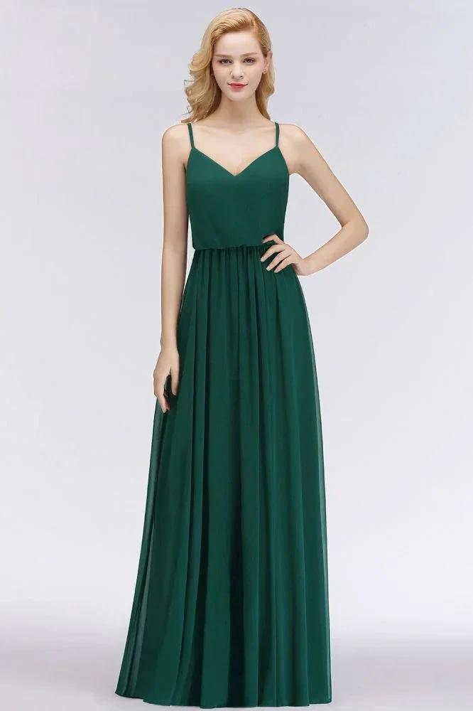 Elegant A-line Spaghetti Chiffon Bridesmaid Dresses V-neck Evening Maxi Gown by misshow.com