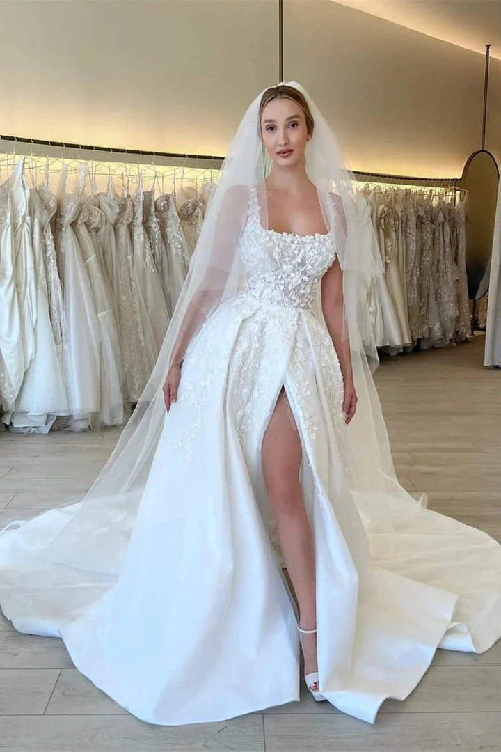 Elegant A-line Straps Flowers Sleeveless Lace Wedding Dress With Slit by misshow.com