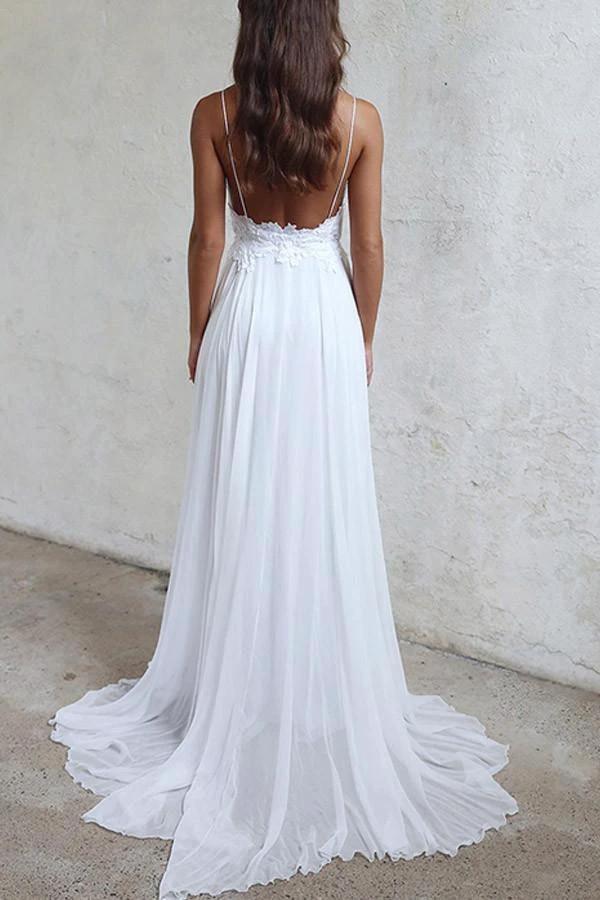 Elegant A-line Straps White Long Chiffon Beach Wedding Dress WD102 by pgmdress