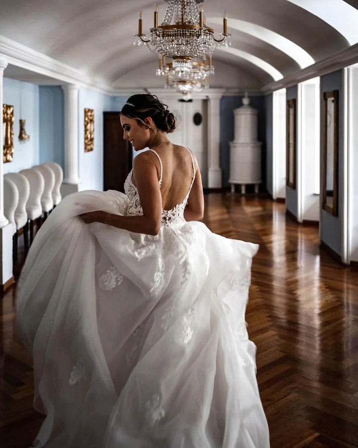 Elegant A-line V-neck Lace Tulle Spaghetti Strap Wedding Dress by BIZTUNNEL