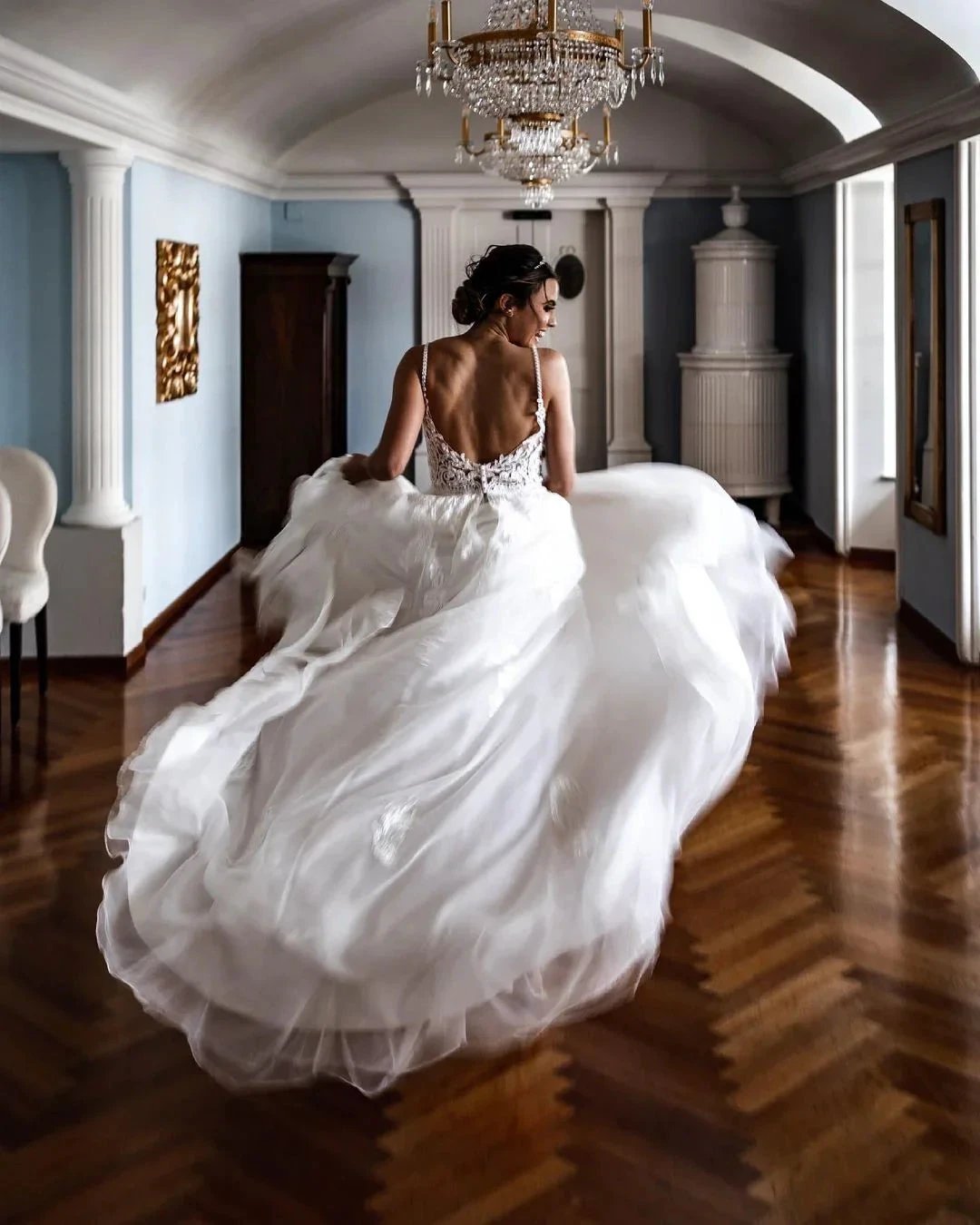 Elegant A-line V-neck Lace Tulle Spaghetti Strap Wedding Dress by BIZTUNNEL