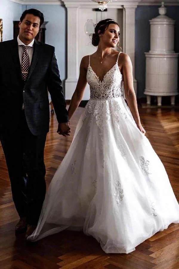 Elegant A-line V-neck Lace Tulle Spaghetti Strap Wedding Dress by BIZTUNNEL