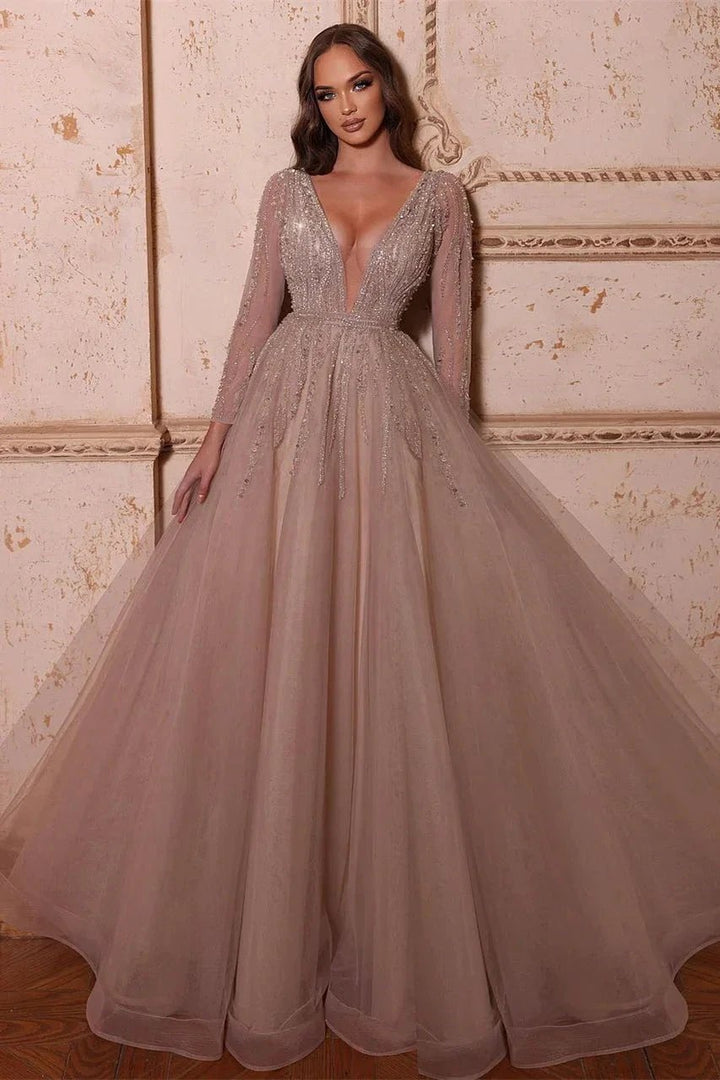 Elegant A-line V-neck Long Sleeves Beading Prom Dress by misshow.com