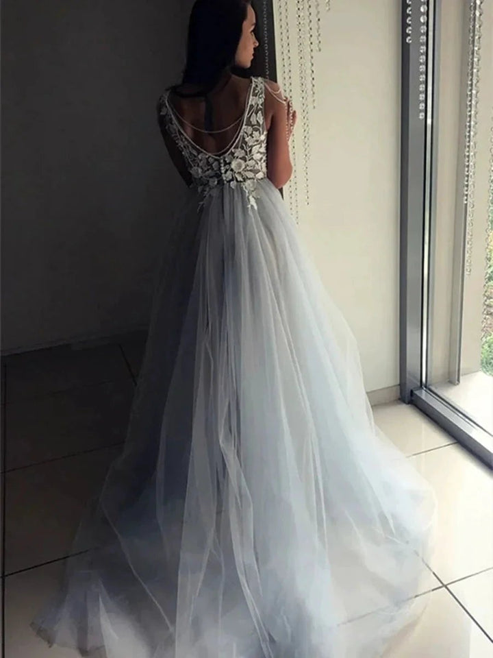 Elegant A-line V Neck Open Back Lace Appliques Long Formal Prom Dresses by BIZTUNNEL