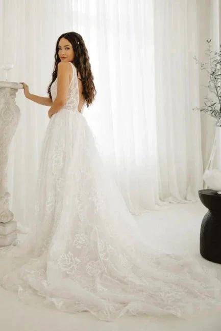 Elegant A-line V-Neck Sleeveless Wedding Dresses With Lace by misshow.com