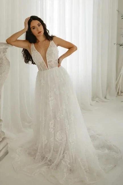 Elegant A-line V-Neck Sleeveless Wedding Dresses With Lace by misshow.com