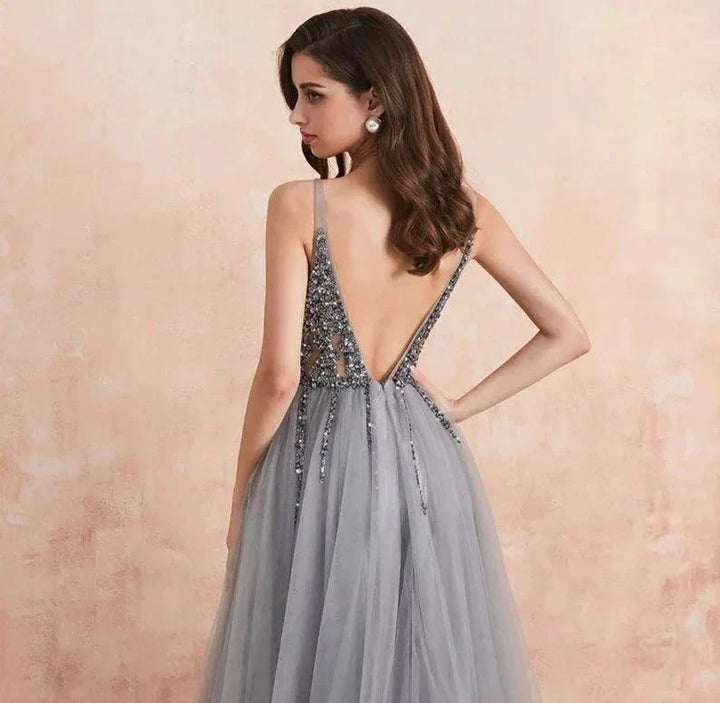 Elegant A-line V-neck Tulle Beading Open Back Prom Dress with Slit by BIZTUNNEL