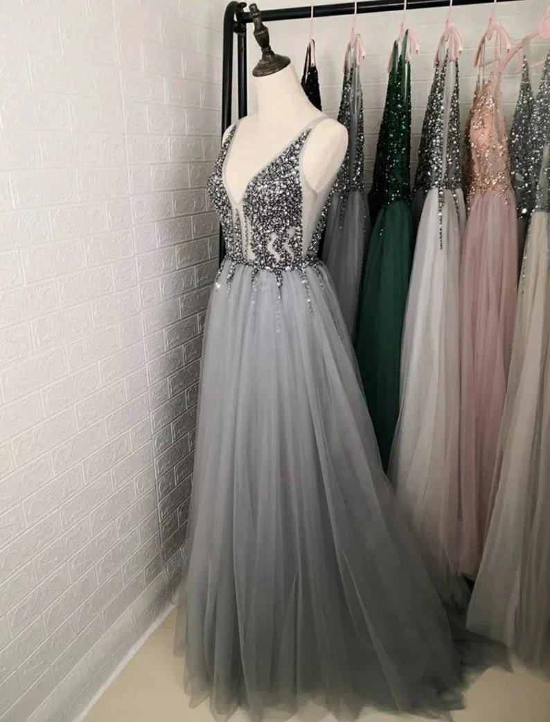 Elegant A-line V-neck Tulle Beading Open Back Prom Dress with Slit by BIZTUNNEL