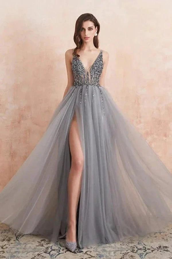 Elegant A-line V-neck Tulle Beading Open Back Prom Dress with Slit by BIZTUNNEL