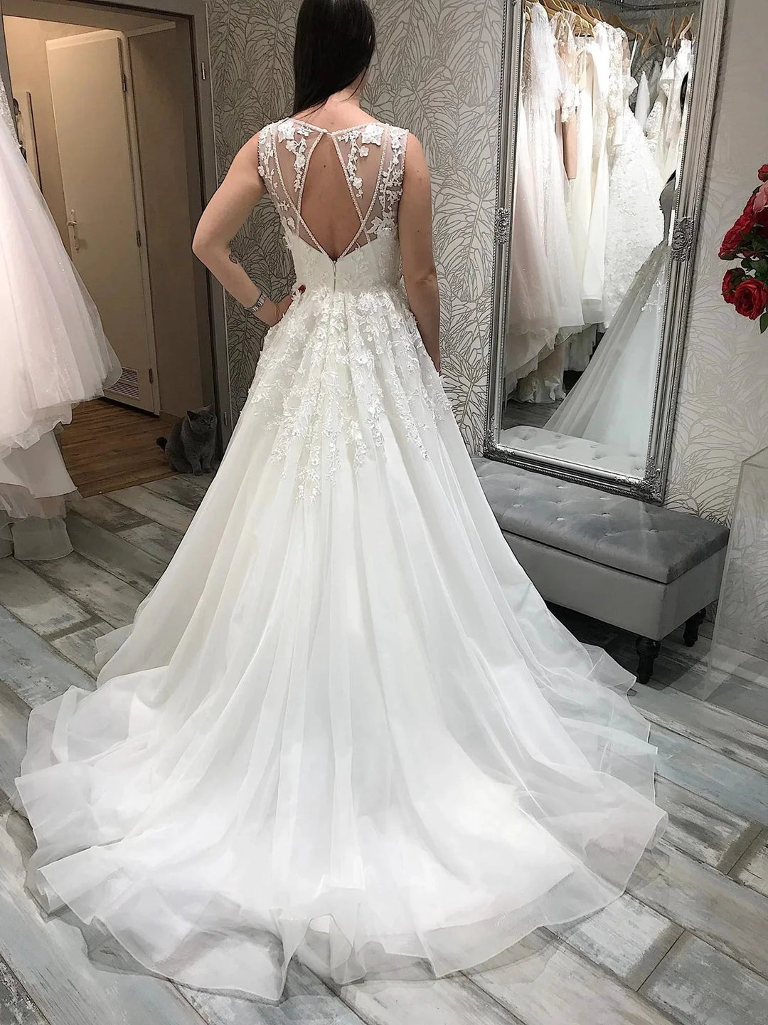 Elegant A-line V Neck White Lace Backless Long Wedding Dresses by BIZTUNNEL