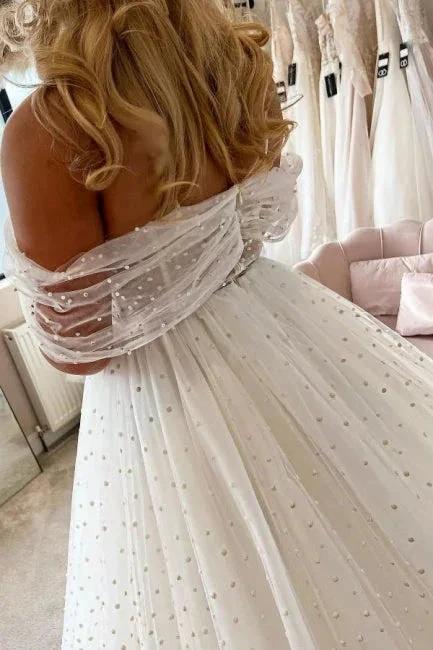 Elegant A-line White Off-the-Shoulder Pearls Sleeveless Wedding Dress by misshow.com
