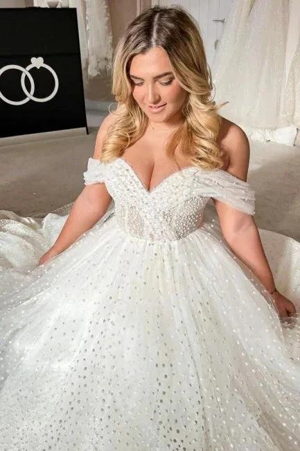 Elegant A-line White Off-the-Shoulder Pearls Sleeveless Wedding Dress by misshow.com